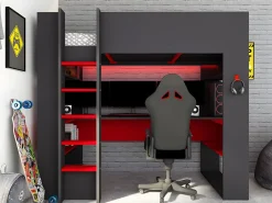 Outlet Vente-unique Cama alta gamer escritorio y compartimentos 90x200 cm LEDs gris y rojo con colchón NOAH Gris antracita / Rojo