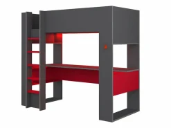 Outlet Vente-unique Cama alta gamer escritorio y compartimentos 90x200 cm LEDs gris y rojo con colchón NOAH Gris antracita / Rojo