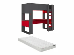 Outlet Vente-unique Cama alta gamer escritorio y compartimentos 90x200 cm LEDs gris y rojo con colchón NOAH Gris antracita / Rojo