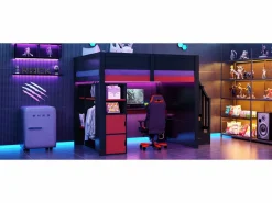 Online Merax Cama alta gaming de madera - 140 x 200 cm - con escritorio + LEDs + estantería y escalera de almacenaje + armario - MDF - + rojo Negro