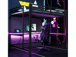 New Merax Cama alta gaming infantil de metal - 160 x 200 cm - con LED + USB + escritorio - Negro