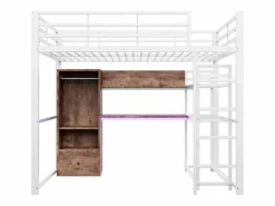 Outlet Cama alta infantil - 140 x 200 cm - con armario + LED + escritorio + 1 cajón - MDF + metal - Cama Alta