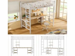 Hot Cama alta infantil - 90 x 200 cm - con mesa y estantes de almacenaje - hierro + MDF - Cama Alta|Cama Infantil