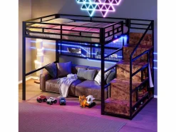 Merax Cama alta infantil - 140 x 200 cm - con armario + almacenaje en el hueco de la escalera + LED - Metal + MDF -