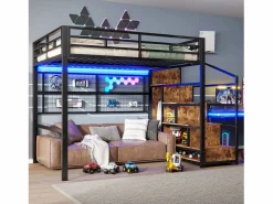 Merax Cama alta infantil - 140 x 200 cm - con armario + almacenaje en el hueco de la escalera + LED - Metal + MDF -
