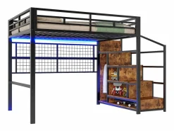 Merax Cama alta infantil - 140 x 200 cm - con armario + almacenaje en el hueco de la escalera + LED - Metal + MDF -
