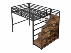 Merax Cama alta infantil - 140 x 200 cm - con armario + almacenaje en el hueco de la escalera + LED - Metal + MDF -