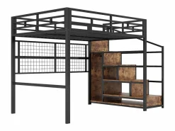 Merax Cama alta infantil - 140 x 200 cm - con armario + almacenaje en el hueco de la escalera + LED - Metal + MDF -