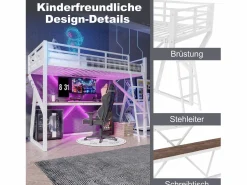 Discount Cama alta infantil - 90 x 200 cm - estructura de hierro - con LED + escalera + escritorio - Metal + MDF - Cama Alta