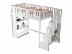 Clearance Merax Cama alta infantil - 90 x 200 cm - con espacio de almacenaje en la escalera y estantería - madera + MDF - Blanco