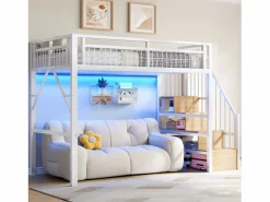 Merax Cama alta infantil - 90 x 200 cm - estructura de hierro - con LED + escalera de almacenaje - metal -