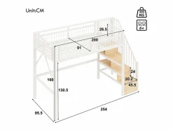 Merax Cama alta infantil - 90 x 200 cm - estructura de hierro - con LED + escalera de almacenaje - metal -