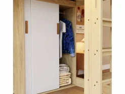 Online Merax Cama alta infantil - 90 x 200 cm - con escritorio + armario + mueble de almacenaje + LED - MDF + aglomerado - natural Color natural claro