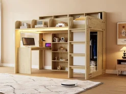 Online Merax Cama alta infantil - 90 x 200 cm - con escritorio + armario + mueble de almacenaje + LED - MDF + aglomerado - natural Color natural claro