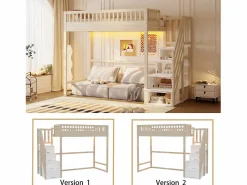 Merax Cama alta infantil - 90 x 200 cm - con escalera de almacenaje + barandilla de seguridad + LED - madera - natural