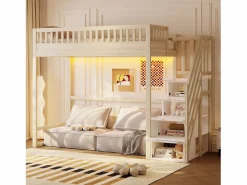 Merax Cama alta infantil - 90 x 200 cm - con escalera de almacenaje + barandilla de seguridad + LED - madera - natural