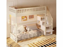 Merax Cama alta infantil - 90 x 200 cm - con escalera de almacenaje + barandilla de seguridad + LED - madera - natural