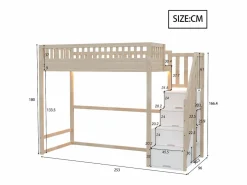 Merax Cama alta infantil - 90 x 200 cm - con escalera de almacenaje + barandilla de seguridad + LED - madera - natural