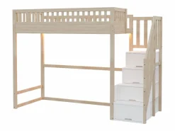 Merax Cama alta infantil - 90 x 200 cm - con escalera de almacenaje + barandilla de seguridad + LED - madera - natural