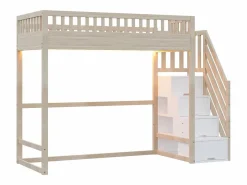 Merax Cama alta infantil - 90 x 200 cm - con escalera de almacenaje + barandilla de seguridad + LED - madera - natural