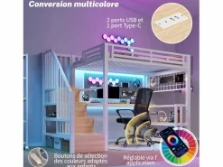 Clearance Cama alta infantil - 90 x 200 cm - estructura de hierro - con estante + LED + escritorio + escalera de almacenaje + USB - metal - Cama Alta|Cama Con Almacenaje