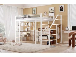 Discount Merax Cama alta infantil - 140 x 200 cm - Con escritorio + armario + piecero con almacenaje - Metal - Blanco