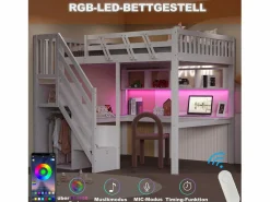 Hot Cama alta infantil - 140 x 200 cm - con escalera de almacenaje + escritorio + puerto USB + LED - madera - Cama Alta