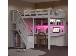 Hot Cama alta infantil - 140 x 200 cm - con escalera de almacenaje + escritorio + puerto USB + LED - madera - Cama Alta