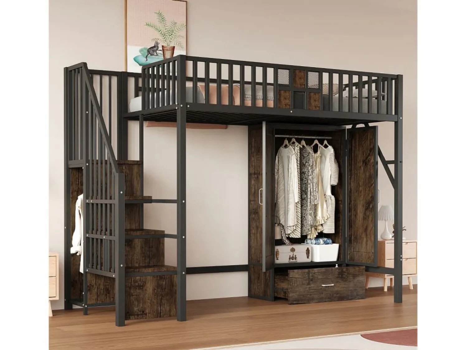 Hot Cama alta infantil de 90 x 200 cm con armario, cajones y escalera de almacenaje - Metal y madera - Negra Cama Alta