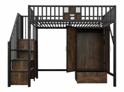 Hot Cama alta infantil de 90 x 200 cm con armario, cajones y escalera de almacenaje - Metal y madera - Negra Cama Alta