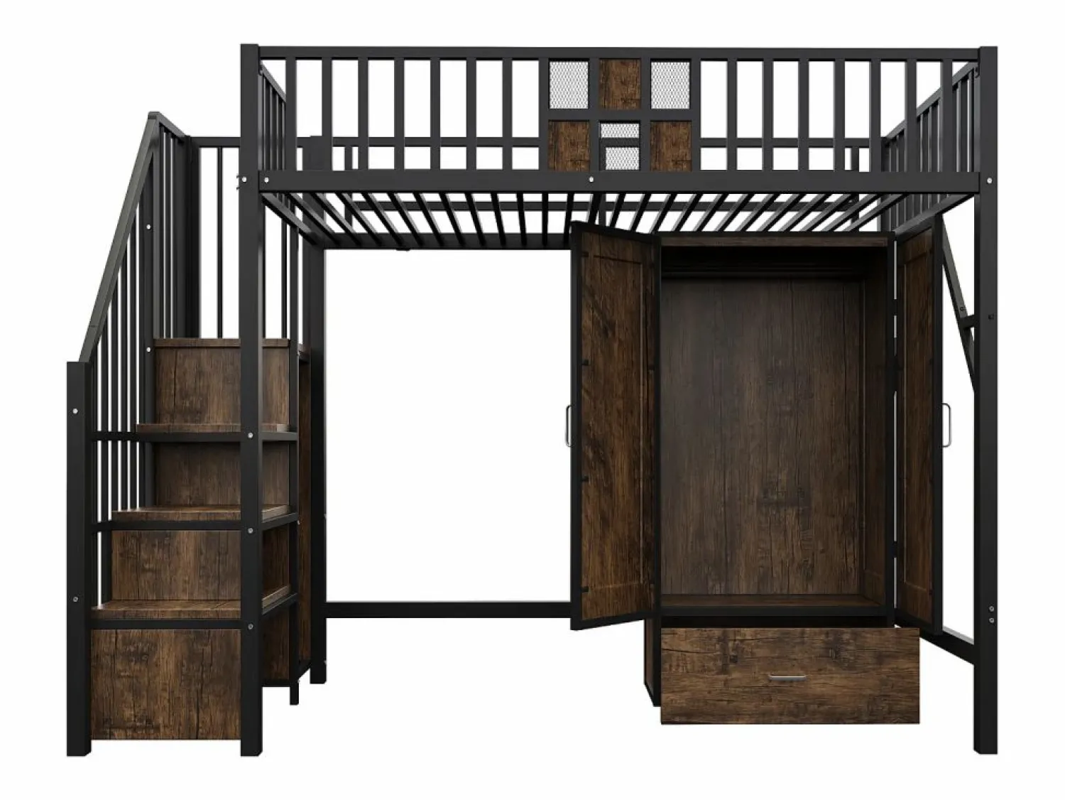 Hot Cama alta infantil de 90 x 200 cm con armario, cajones y escalera de almacenaje - Metal y madera - Negra Cama Alta