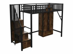Hot Cama alta infantil de 90 x 200 cm con armario, cajones y escalera de almacenaje - Metal y madera - Negra Cama Alta