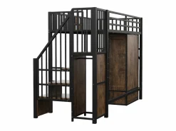 Hot Cama alta infantil de 90 x 200 cm con armario, cajones y escalera de almacenaje - Metal y madera - Negra Cama Alta