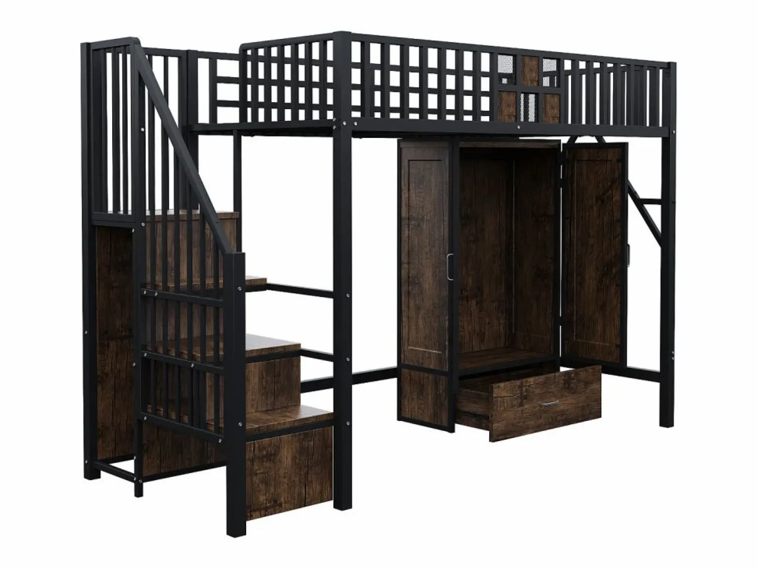Hot Cama alta infantil de 90 x 200 cm con armario, cajones y escalera de almacenaje - Metal y madera - Negra Cama Alta