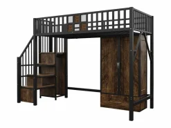 Hot Cama alta infantil de 90 x 200 cm con armario, cajones y escalera de almacenaje - Metal y madera - Negra Cama Alta
