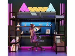 Sale Merax Cama alta infantil de metal - 140 x 200 cm - con escritorio integrado + LED + almacenaje - negra Negro