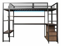 Sale Merax Cama alta infantil de metal - 140 x 200 cm - con escritorio integrado + LED + almacenaje - negra Negro
