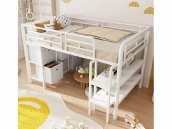 Merax Cama alta infantil de metal - 90 x 200 cm - con escalera ancha + cajones + estantes de almacenamiento - metal -