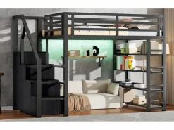 Discount Cama alta infantil de metal - 140 x 200 cm - con estantería + armario + escalera de almacenaje + LED - negra Cama Alta