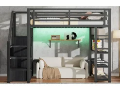 Discount Cama alta infantil de metal - 140 x 200 cm - con estantería + armario + escalera de almacenaje + LED - negra Cama Alta