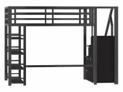 Discount Cama alta infantil de metal - 140 x 200 cm - con estantería + armario + escalera de almacenaje + LED - negra Cama Alta