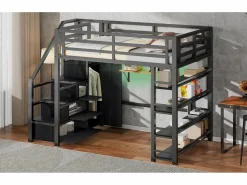 Discount Cama alta infantil de metal - 140 x 200 cm - con estantería + armario + escalera de almacenaje + LED - negra Cama Alta