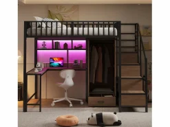 New Cama alta infantil de metal - 140 x 200 cm - con escritorio + estantería + armario + cajón + escalera de almacenaje + LED - Cama Alta