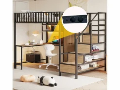 New Cama alta infantil de metal - 140 x 200 cm - con escritorio + estantería + armario + cajón + escalera de almacenaje + LED - Cama Alta