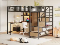 New Cama alta infantil de metal - 140 x 200 cm - con escritorio + estantería + armario + cajón + escalera de almacenaje + LED - Cama Alta
