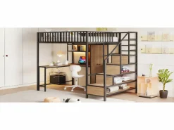 New Cama alta infantil de metal - 140 x 200 cm - con escritorio + estantería + armario + cajón + escalera de almacenaje + LED - Cama Alta