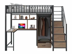 New Cama alta infantil de metal - 140 x 200 cm - con escritorio + estantería + armario + cajón + escalera de almacenaje + LED - Cama Alta