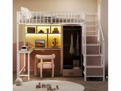New Cama alta infantil de metal - 140 x 200 cm - con escritorio + estantería + armario + cajón + escalera de almacenaje + LED - Cama Alta