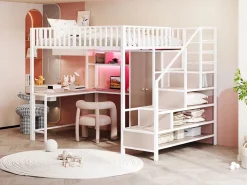 New Cama alta infantil de metal - 140 x 200 cm - con escritorio + estantería + armario + cajón + escalera de almacenaje + LED - Cama Alta