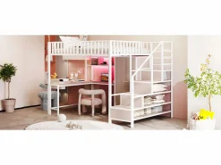 New Cama alta infantil de metal - 140 x 200 cm - con escritorio + estantería + armario + cajón + escalera de almacenaje + LED - Cama Alta